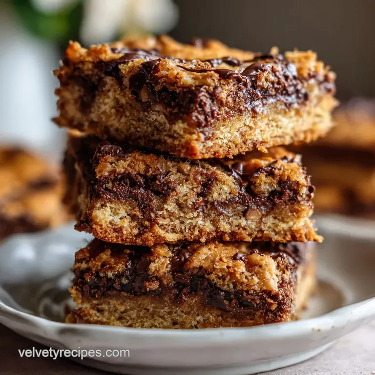 Stacked squares of nutty congo bars, their marbled surface a mosaic of melted chocolate. Served warm on a linen-lined plate.