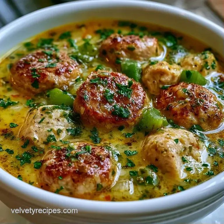 Rustic bowl of savory sausage soup with sliced potatoes, garnished with fresh herbs and served with crusty bread.