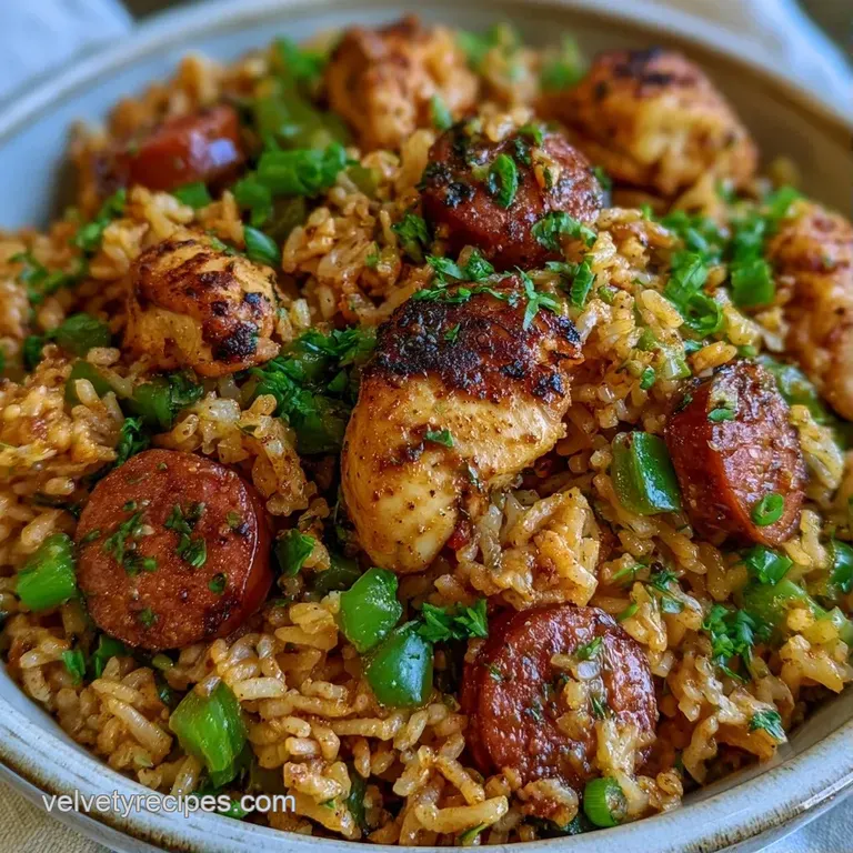 Vibrant orange spiced rice with browned sausage and saut&eacute;ed peppers served in a matte black cast iron skillet.