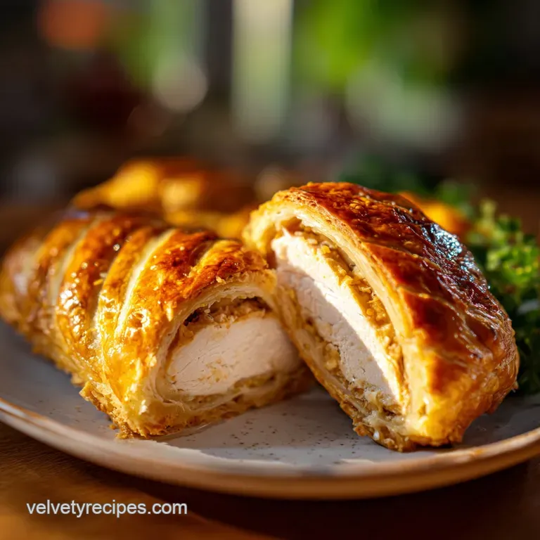 Slice of golden Chicken Wellington with layers of flaky pastry, earthy duxelles, and juicy chicken, artfully plated for an...