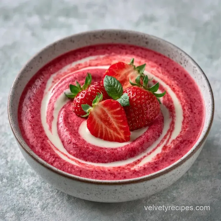 Four elegant chilled glasses of bright red puree topped with halved berries and a delicate leaf of fresh mint.