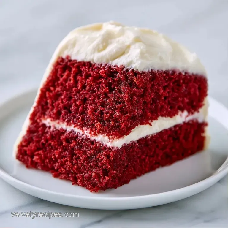 A neat slice of deep red cake with thick white frosting on a white ceramic plate with a silver fork beside it.