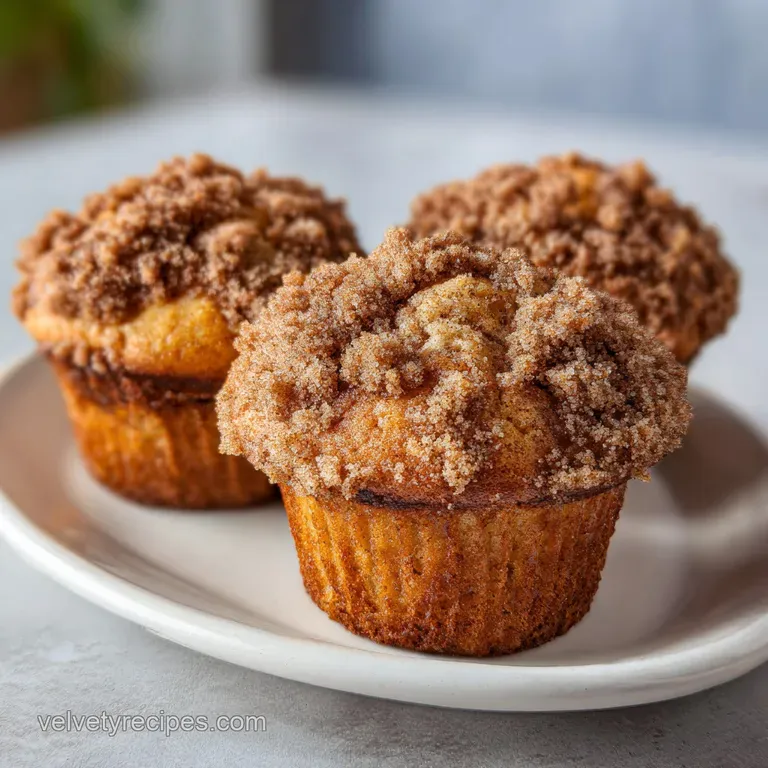 Two tender muffins on a white ceramic plate, dusted with cinnamon sugar and served beside a steaming cup of coffee.