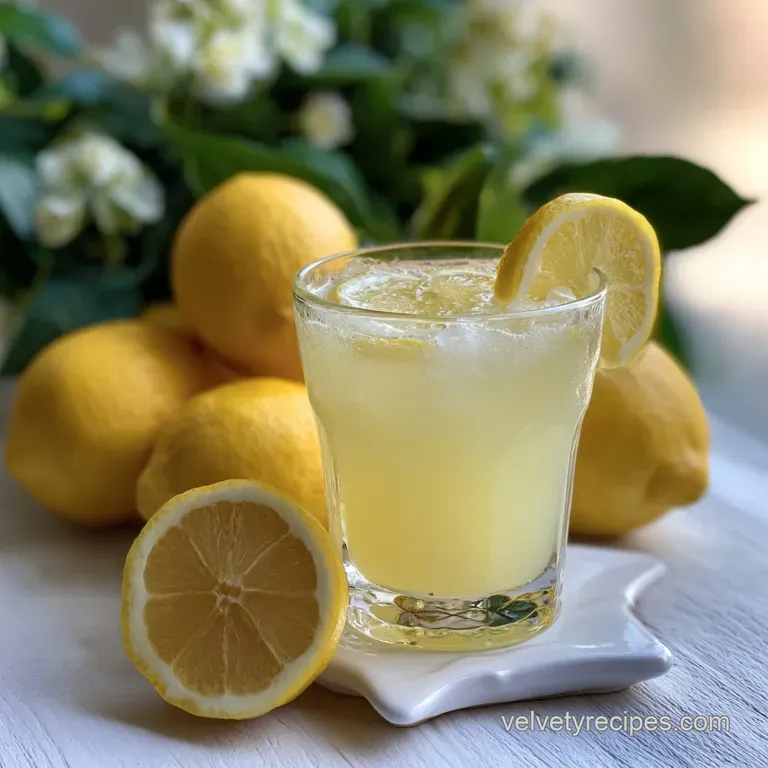 Elegant glass of homemade lemonade with lemon slice on the rim, set on a bright sunny table, evoking refreshing coolness.