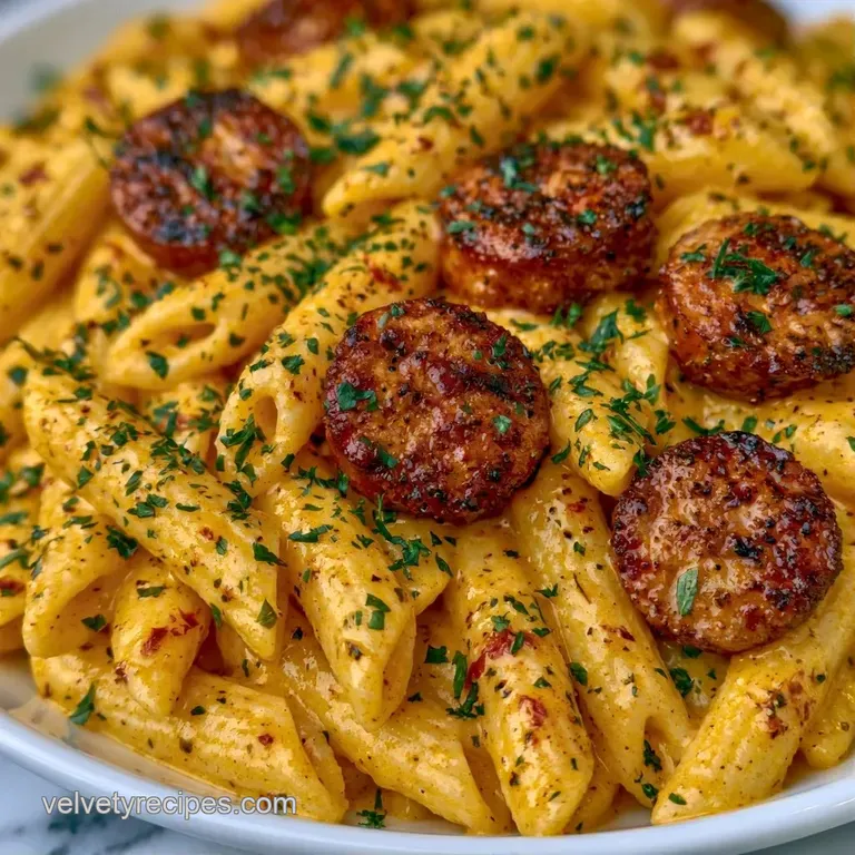 Elegant white plate of pasta coated in a silky sunset-orange cream sauce with browned sausage and sliced scallions.