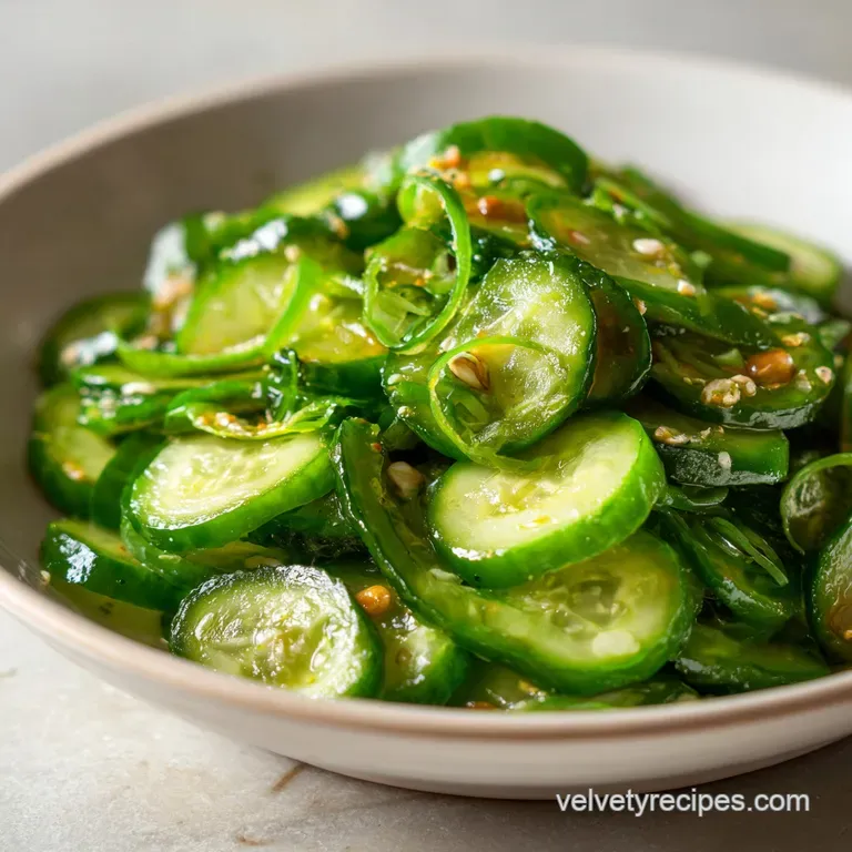 A swirl of creamy cucumber salad garnished with fresh dill sprigs, artfully arranged on a white plate.