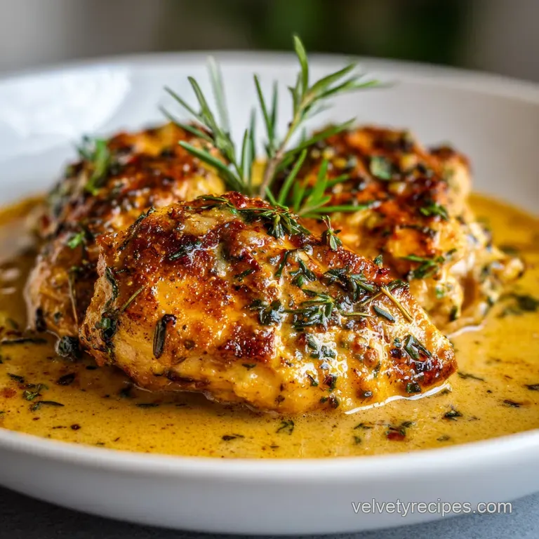 A perfectly plated chicken breast bathed in a luscious, ivory sauce, garnished with bright green parsley, atop fluffy rice.