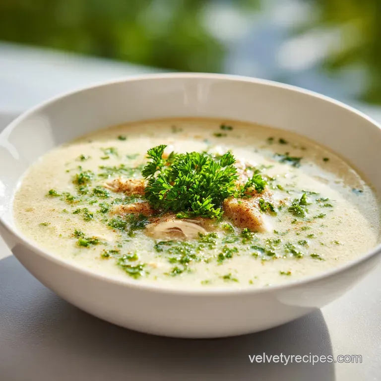 Elegant bowl of steaming garlic parmesan chicken soup with crusty bread for dipping. Garnish of herbs adds a pop of fresh ...