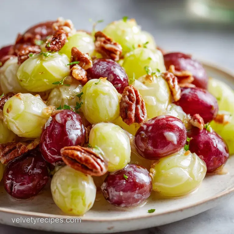 A vibrant grape salad artfully arranged in a glass bowl. Creamy dressing peeks between the grapes, topped with chopped pec...