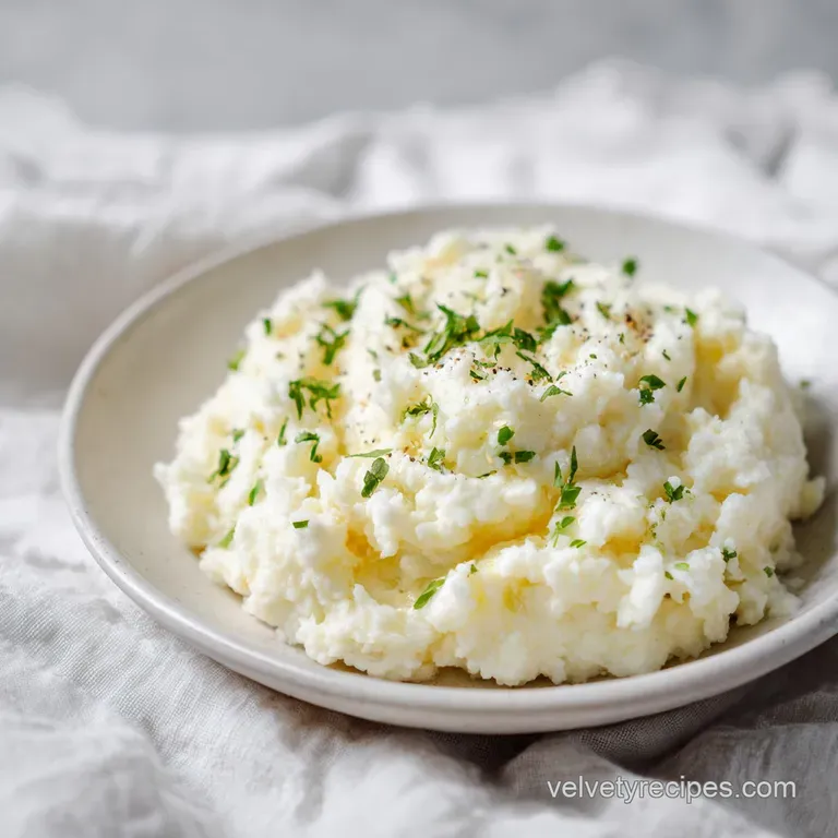 An elegant swirl of smooth mashed cauliflower topped with toasted almonds and a sprig of fresh parsley.