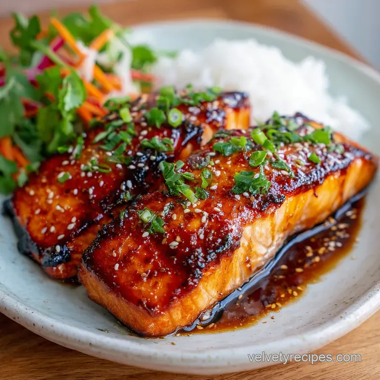 Flaky salmon with a glossy, spicy sauce, artfully plated with fluffy white rice and vibrant steamed broccoli florets, read...