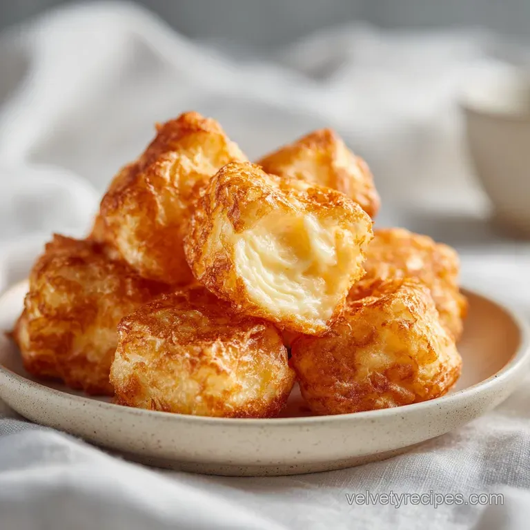 A tower of warm fried cheese bites on a white plate, drizzled with honey, garnished with thyme. An elegant appetizer to sh...