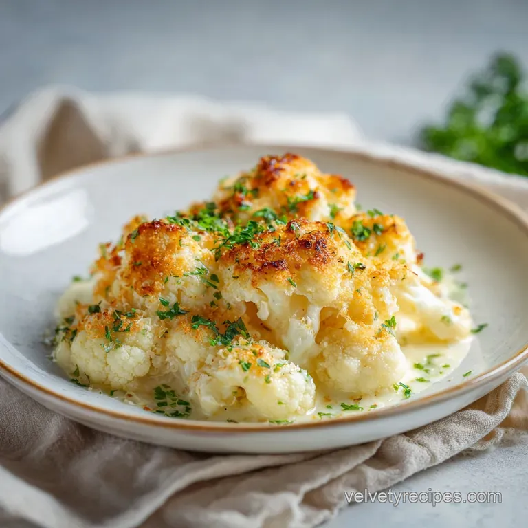 Perfectly browned cauliflower bake presented on a white plate, dusted with herbs, with a glistening garlic sauce.