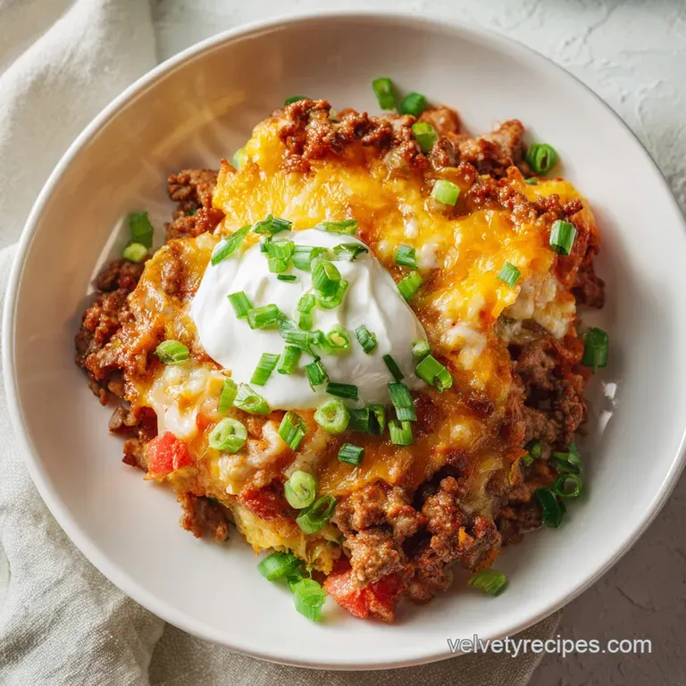A generous scoop of savory taco casserole, topped with vibrant pico de gallo and creamy avocado slices, artfully plated.