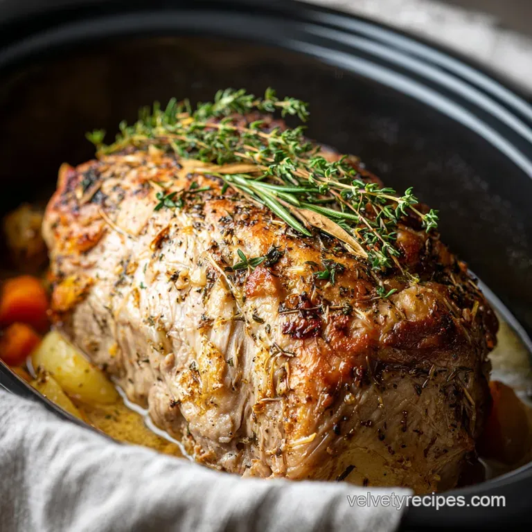 Plated sliced turkey breast, glistening with savory glaze. Garnished with fresh thyme sprigs and a side of colorful roaste...