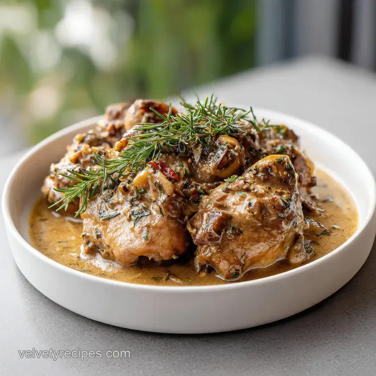 Golden chicken bathed in rich Tuscan sauce, artfully arranged with fresh herbs and a crusty bread slice.