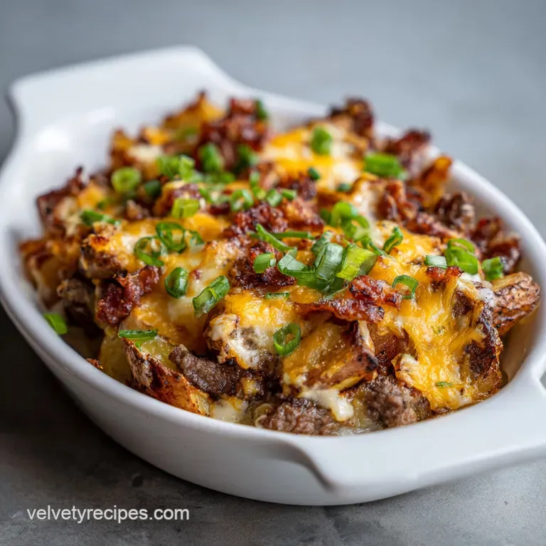 Plated steak and potato bake with a dollop of sour cream, chives, and paprika, showing steam rising from the warm dish.