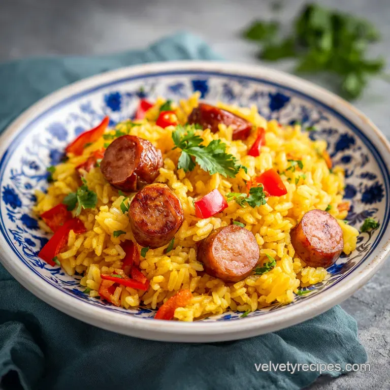 Cuban rice elegantly plated: fluffy yellow grains mingle with juicy sausage slices and bell pepper confetti.