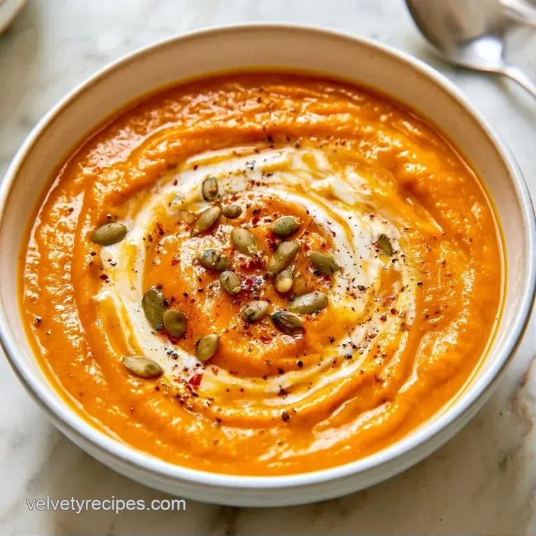 A white porcelain bowl of orange soup paired with golden toasted bread on a dark slate background with a linen cloth.