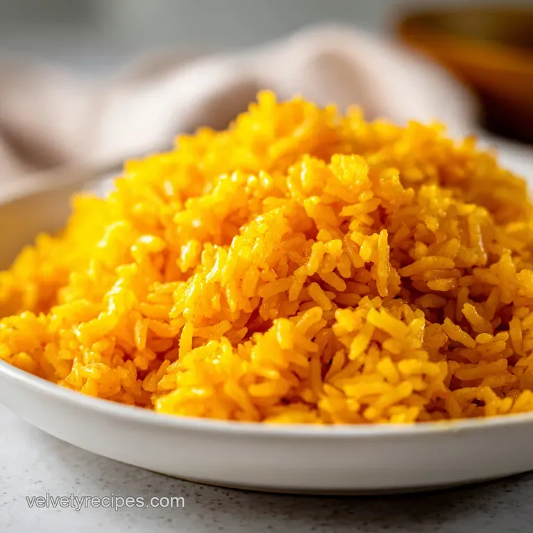 Elegant mound of glistening yellow rice garnished with fresh cilantro sprigs served on a white plate.