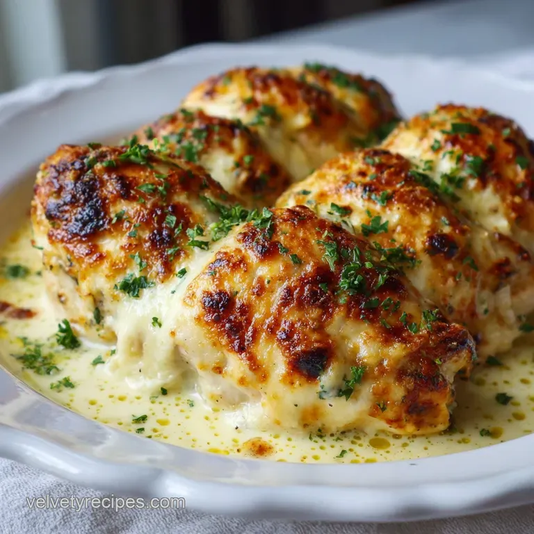 A juicy piece of baked ricotta chicken plated with vibrant green asparagus, topped with fresh basil and a drizzle of olive...