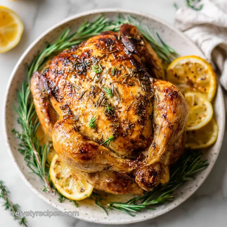 Juicy chicken slice on a white plate, glistening with savory juices. Bright lemon wedge and rosemary garnish add a pop of ...