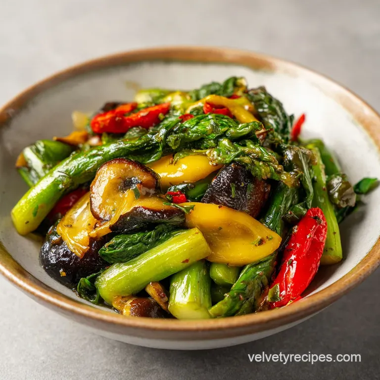 An artfully arranged medley of colorful sauteed vegetables, lightly seasoned, served in a shallow bowl.