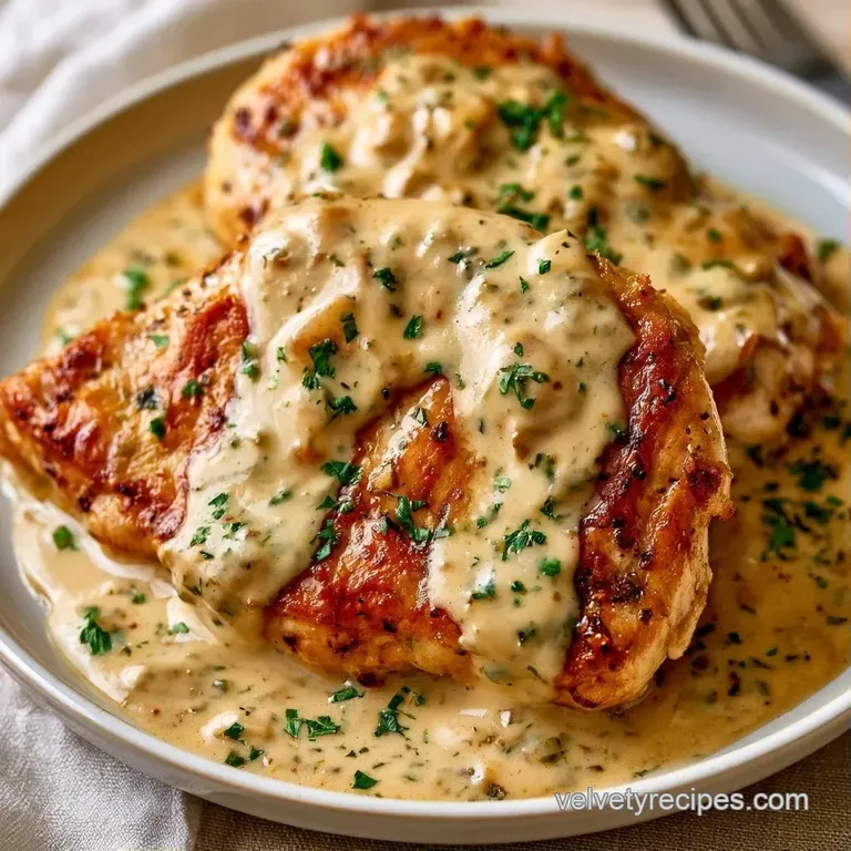 Sliced chicken breast bathed in a velvety white cream sauce, garnished with microgreens on a matte ceramic plate.