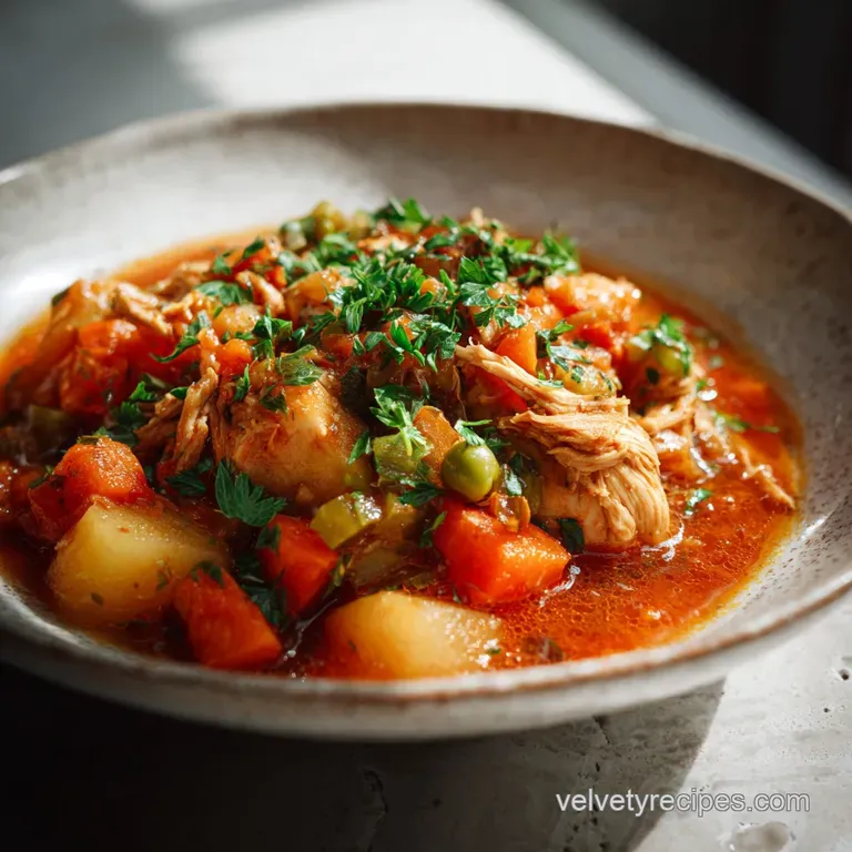 Steaming bowl of chicken stew with vibrant carrots, celery, and potatoes. Fresh parsley sprigs add a bright contrast.