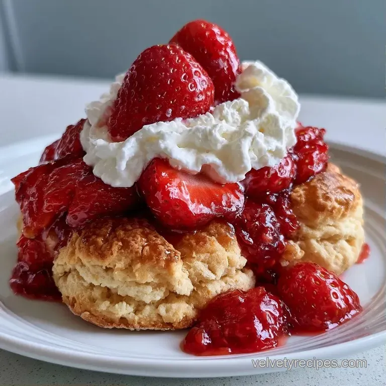 Two fluffy, buttery biscuits layered with clouds of white cream and vibrant red strawberry slices on a white plate.