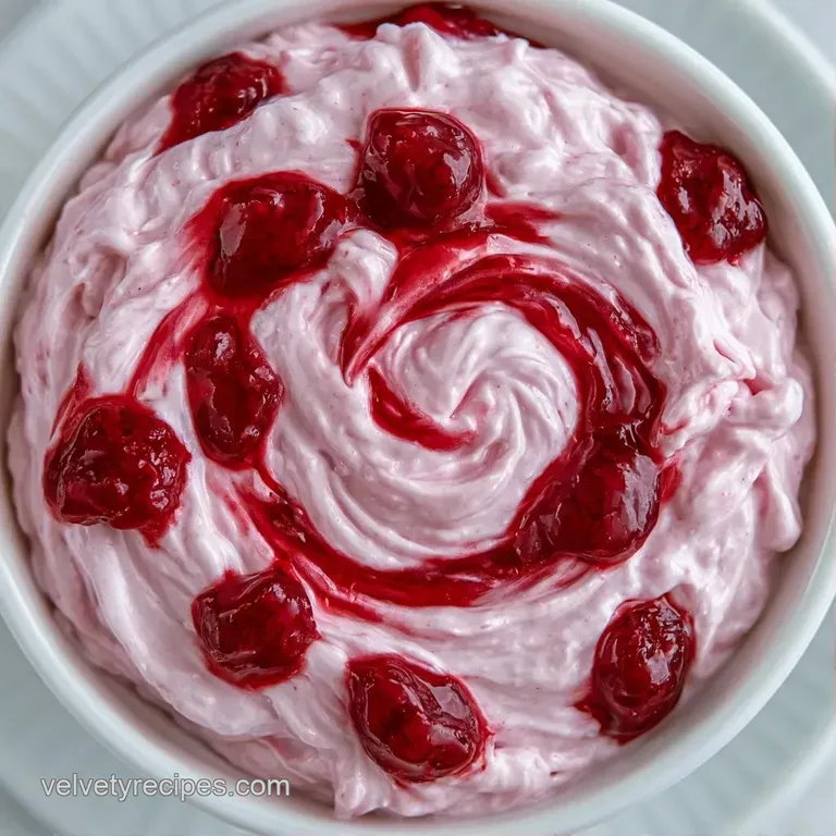 Chilled pink cream dip surrounded by a ring of fresh whole strawberries on a polished white marble party platter.