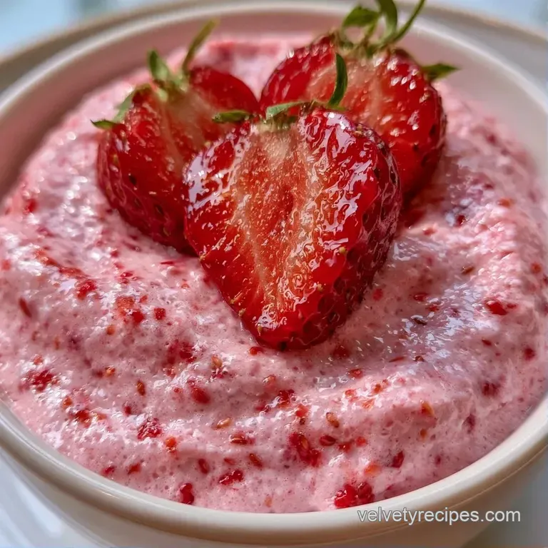 Pale pink whipped dessert in elegant crystal glasses, garnished with sliced strawberries and a dusting of sugar.