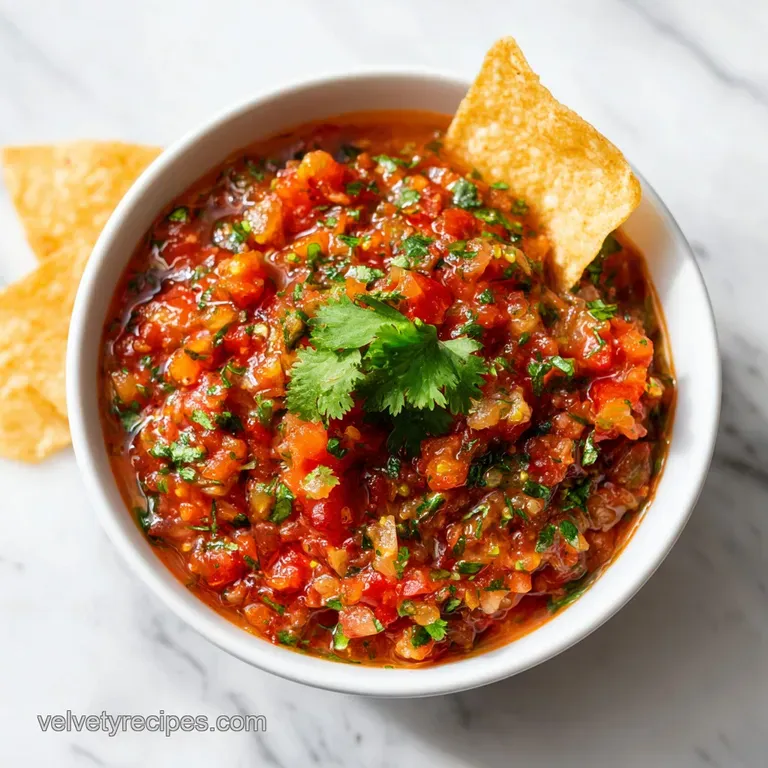 Vibrant red salsa with fresh green cilantro, finely diced tomatoes, and onions, artfully plated