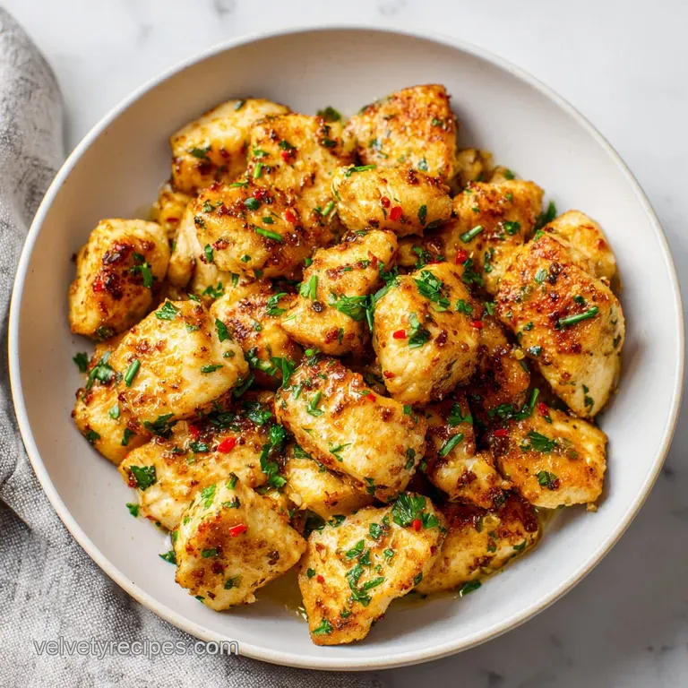 Juicy chicken bites with charred edges, piled high on a white plate, glistening with butter.