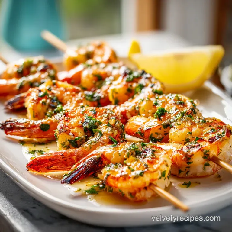 Tender, charred shrimp skewers arranged artfully on a white plate with lemon wedges.
