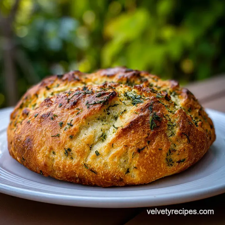 Thick slice of rustic bread shows airy holes and vibrant herbs. Butter melts, highlighting the warm, inviting texture.