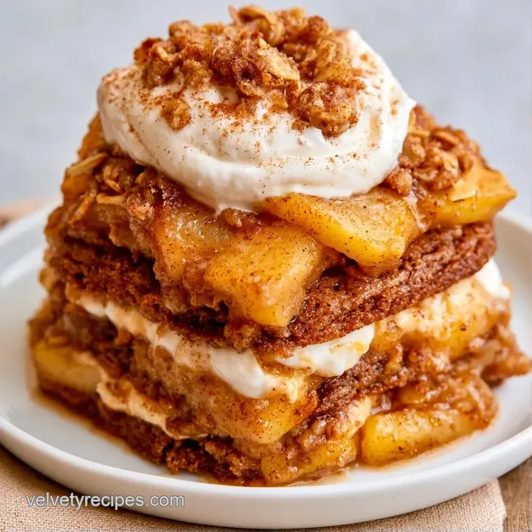 A precise slice of layered cream cake on a white porcelain plate, topped with a cinnamon dusting and apple slice.