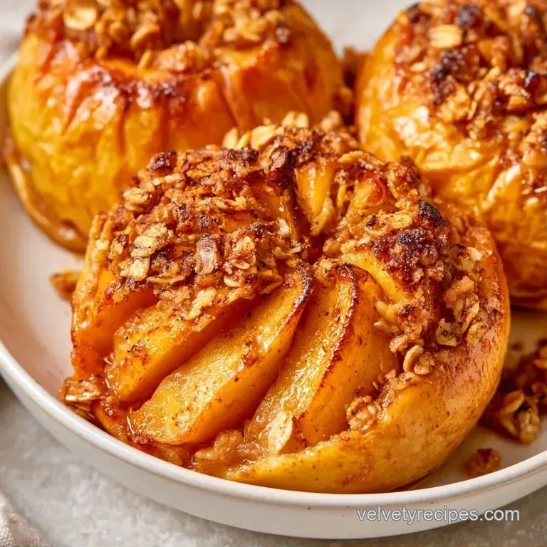 A tender, golden-brown apple topped with toasted oats and a honey drizzle, served on a minimal white porcelain plate.