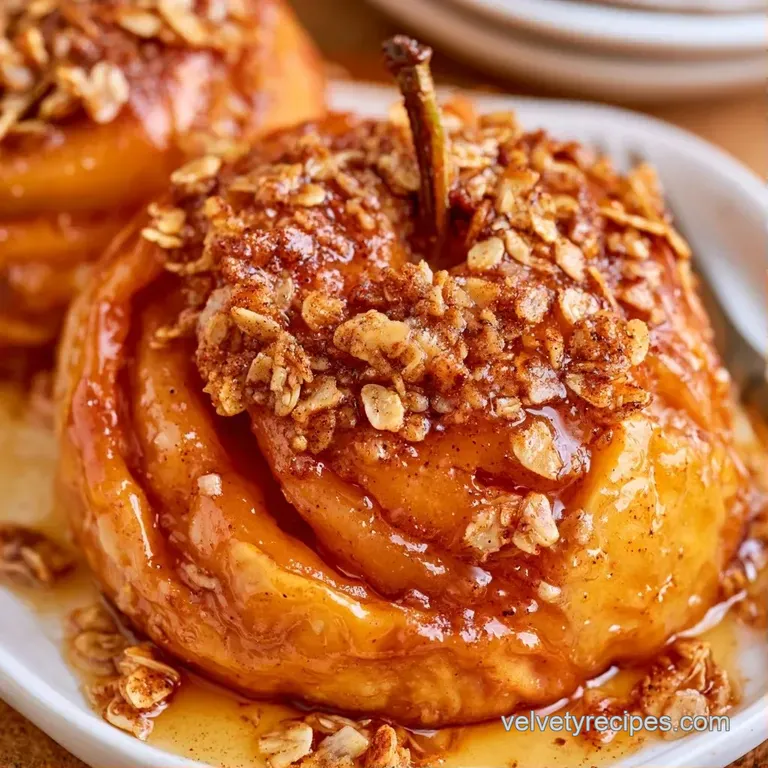 Golden-brown toasted oat topping on warm, tender fruit, elegantly served on a white plate with a cinnamon stick.