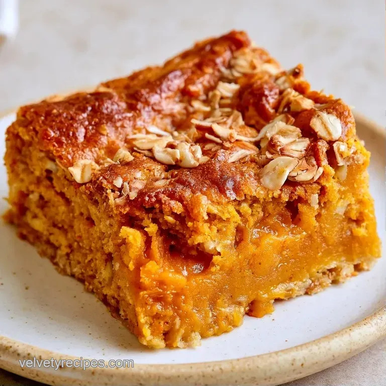 Three warm, orange-hued squares stacked on a white ceramic plate, accented by a dollop of cream and cinnamon.