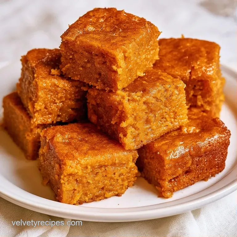 A neatly sliced orange square cake garnished with a dusting of cinnamon and a berry on a sleek black platter.