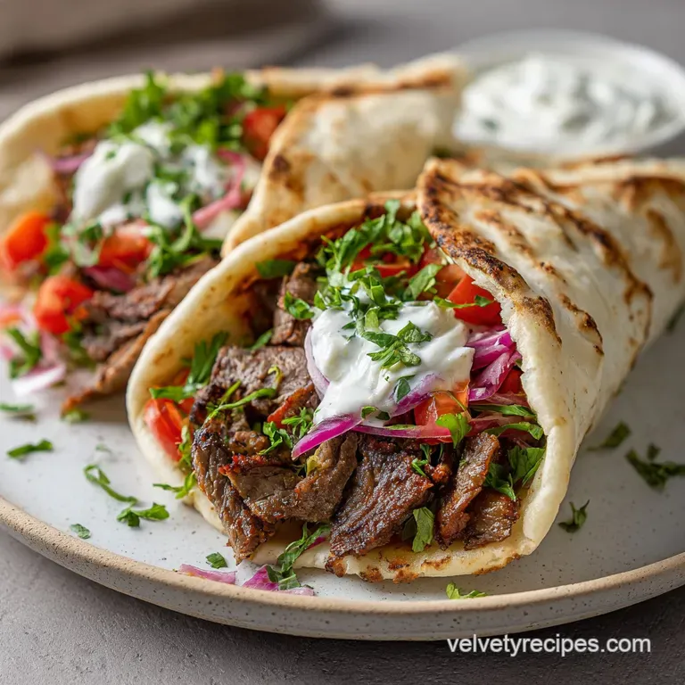 Golden-brown gyro slices artfully arranged on a warm pita with creamy tzatziki and fresh tomato wedges.
