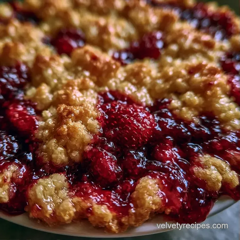 Warm scoop of berry cobbler topped with a melting dollop of vanilla ice cream on a clean white ceramic plate.