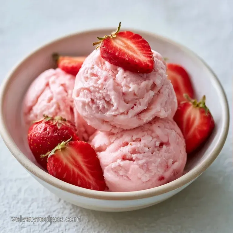 A pale pink scoop on a white porcelain plate garnished with a fresh green mint leaf and a sliced strawberry.