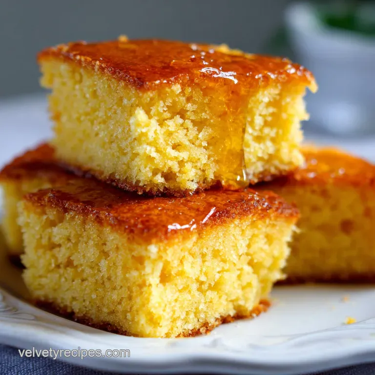 A slice of moist cornbread, drizzled with melted honey butter, rests on a plate, steam rising, hints of corn kernels visible.