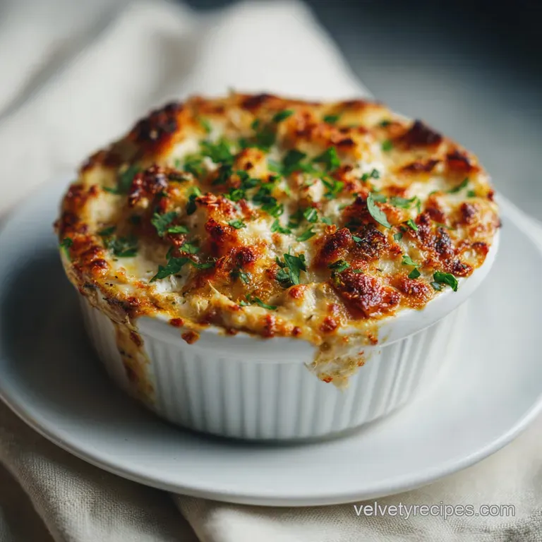 A rich, creamy crab dip, baked to perfection, presented in a small ramekin with a sprig of parsley.