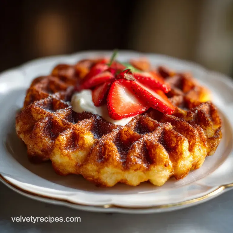 Crispy chaffles artfully arranged with fresh berries and a dollop of whipped cream, a vibrant plate.