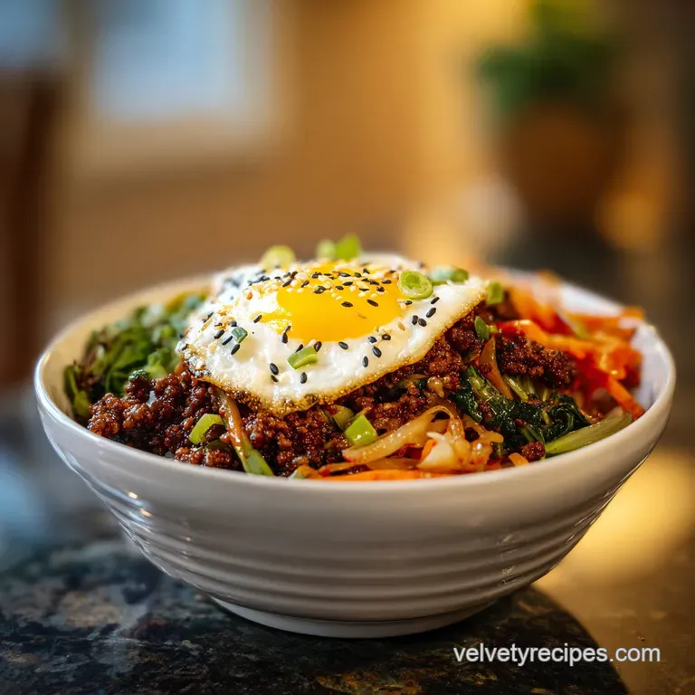 Korean beef bowl plated with vibrant greens, a sprinkle of sesame seeds, and a spoonful of shiny, rich sauce over rice.