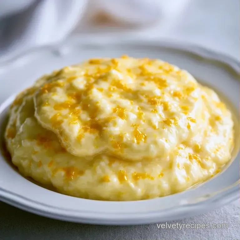 Smooth, pale yellow sauce artistically swirled on a white plate, topped with fresh lemon zest and a mint leaf.