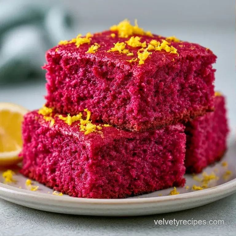 Three bright yellow cake squares arranged on a white marble slab, dusted with pink powder and fresh mint leaves.